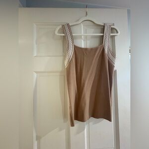 Ann Taylor Taupe Sleeveless Knit Tank with White Embroidered Straps